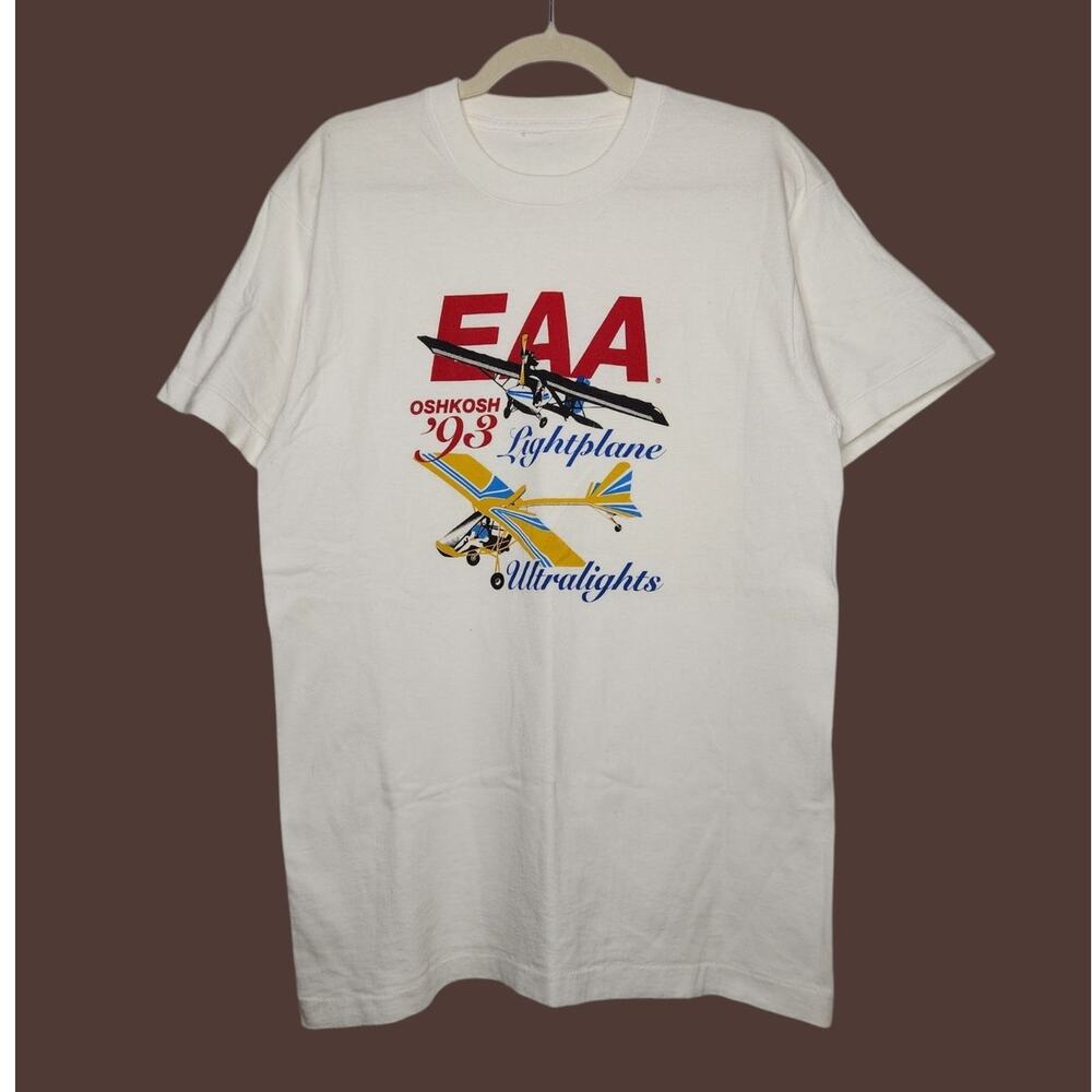 Vintage 90s Oshkosh Wisconsin Airplane Air Show EAA Single Stitch White VTG